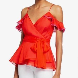 Diane Von Furstenberg Kemma Ruffle Wrap Top in Red - Flamenco/Manic Pink